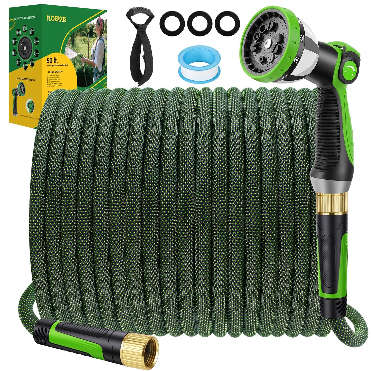 FLOERXIS Non-Expandable Garden Hose 50 FT, Lightweight Hose with 10 Function Spray Nozzle, Kink-Free Flexible Water Hose, Durable, Leak-Proof, 360° Swivel Connectors, Portable Storage Strap