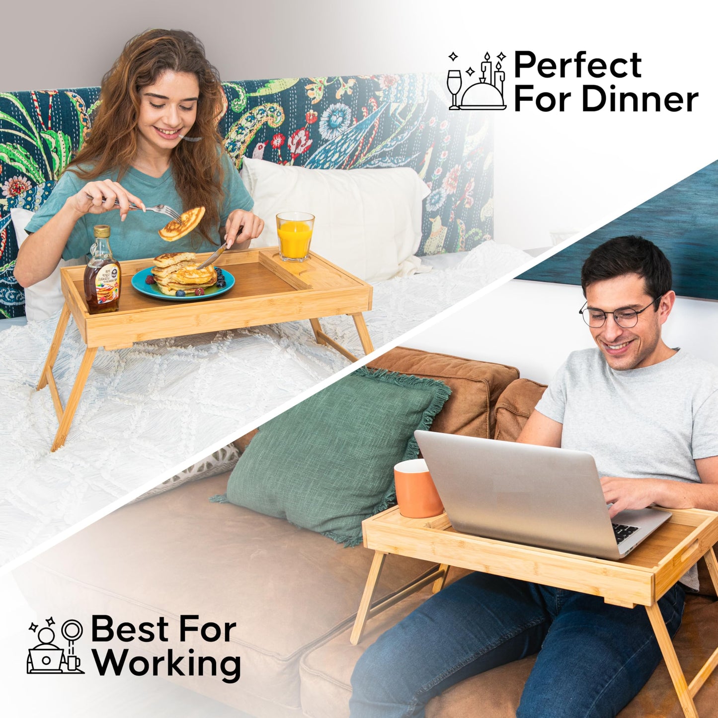 Shaka4Tommy Breakfast Bed Table Tray for Two - One Piece, Dual Use Couple Bed Tray with Cup recesses - Food Trays for Eating on Couch, Space Saving Breakfast Table - Gift Ready - Bamboo Wood
