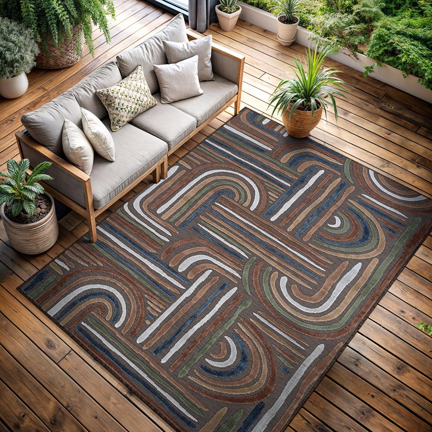 CAMILSON Indoor Outdoor Rug, Brown 5x7 Geometric Arch Striped Area Rugs for Patio and Home Areas, Easy-Cleaning Non-Shedding Living Room, Garden and Deck Washable Outside Carpet (5 x 7)