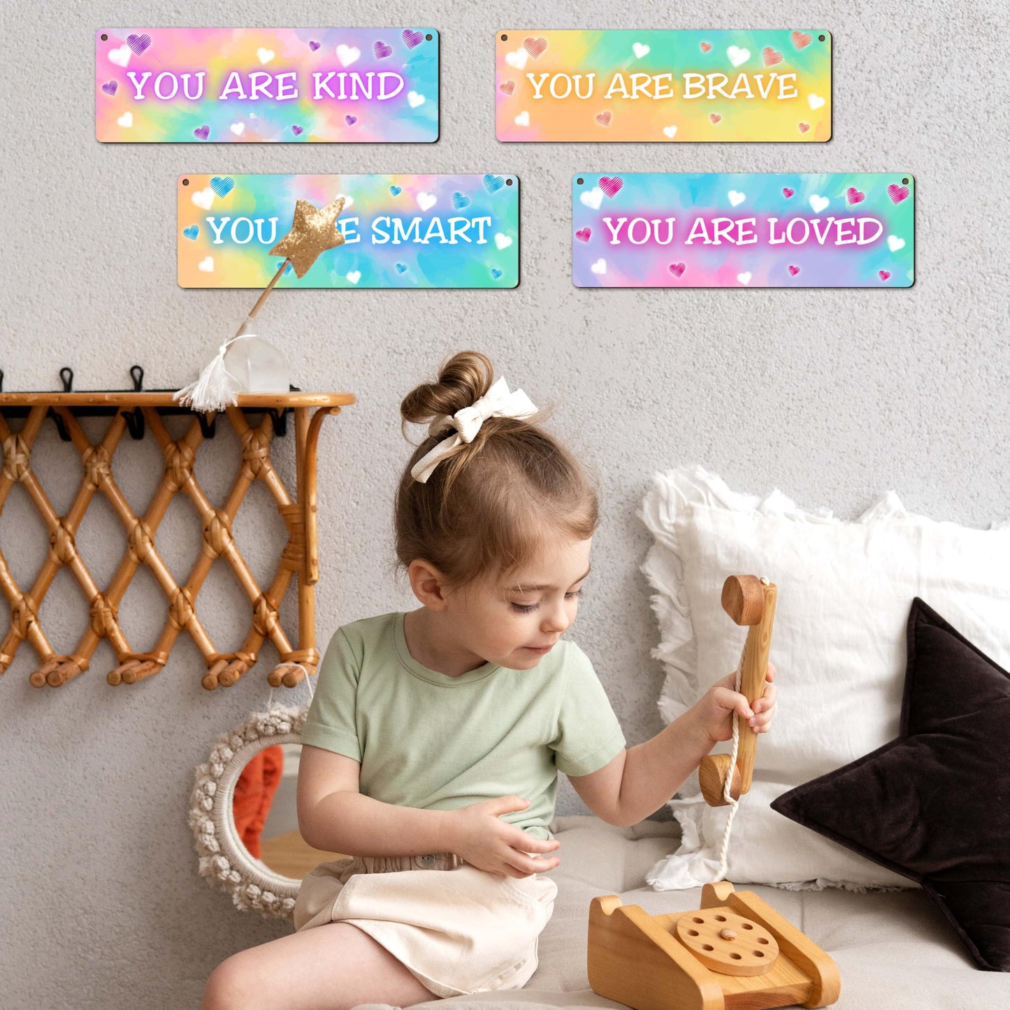 4 Pieces Tie Dye Decor Kids Room Wall Decor Wooden Sign - Motivational Wall Art For Kids Room Nursery Playroom Classroom - You Are Loved Brave Kind Smart(Sign-04)