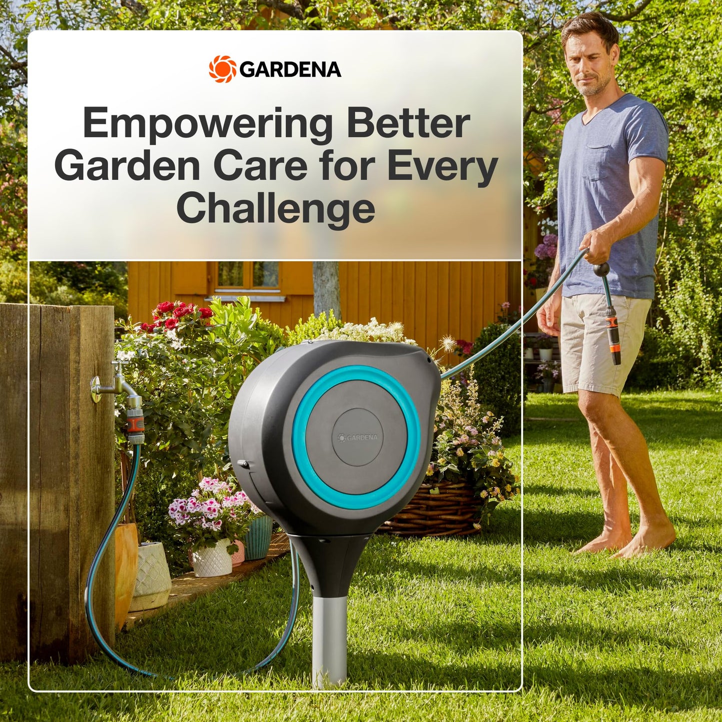 GARDENA 18614 | 66' x 1/2" Automatic Retractable Garden Hose Reel on Metal Spike, Outside Garden Hose with 360° swivel. No Holes in your house, Easy Installation, No Tools Required