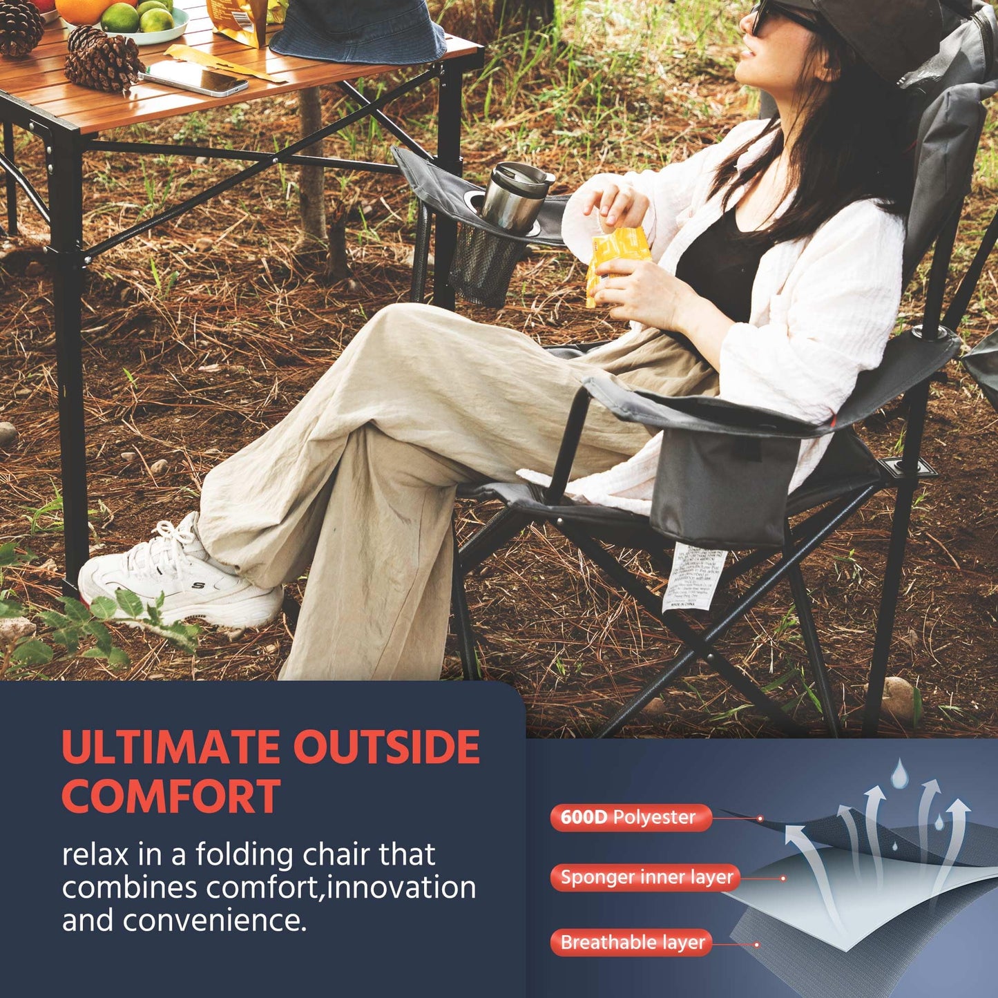 OUTSIDER Folding Camping Chair Heavy Duty Folding Chair 300lbs Oversized Outdoor Chairs with Cup Holder, Cooler Bag, Storage Pocket & Lumbar Support (Style-2, 2)