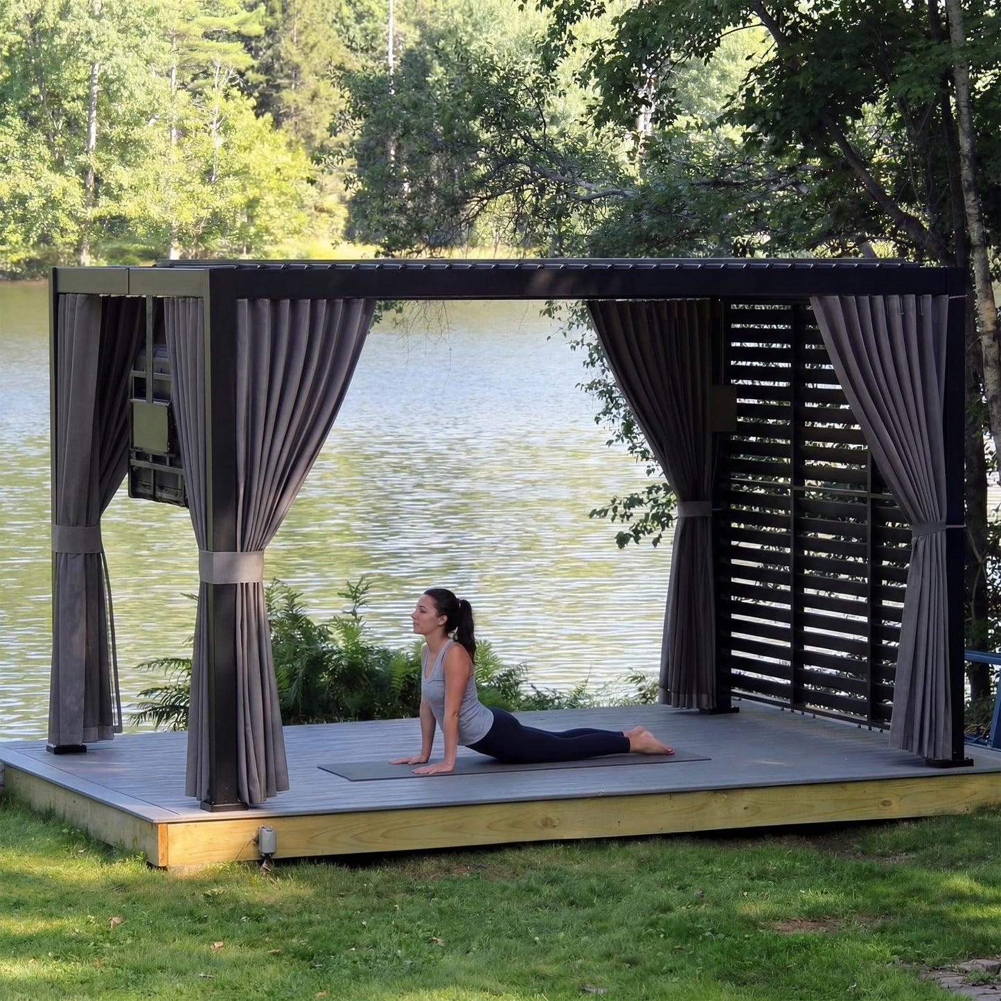 COSIEST 10' x 12' Louvered Pergola with TV Mount, Outdoor Aluminum Pergola with Adjustable Roof, 4 Posts Drainage System, Privacy Curtains & Rainproof Gazebo for Patio, Deck, Backyard, Garden