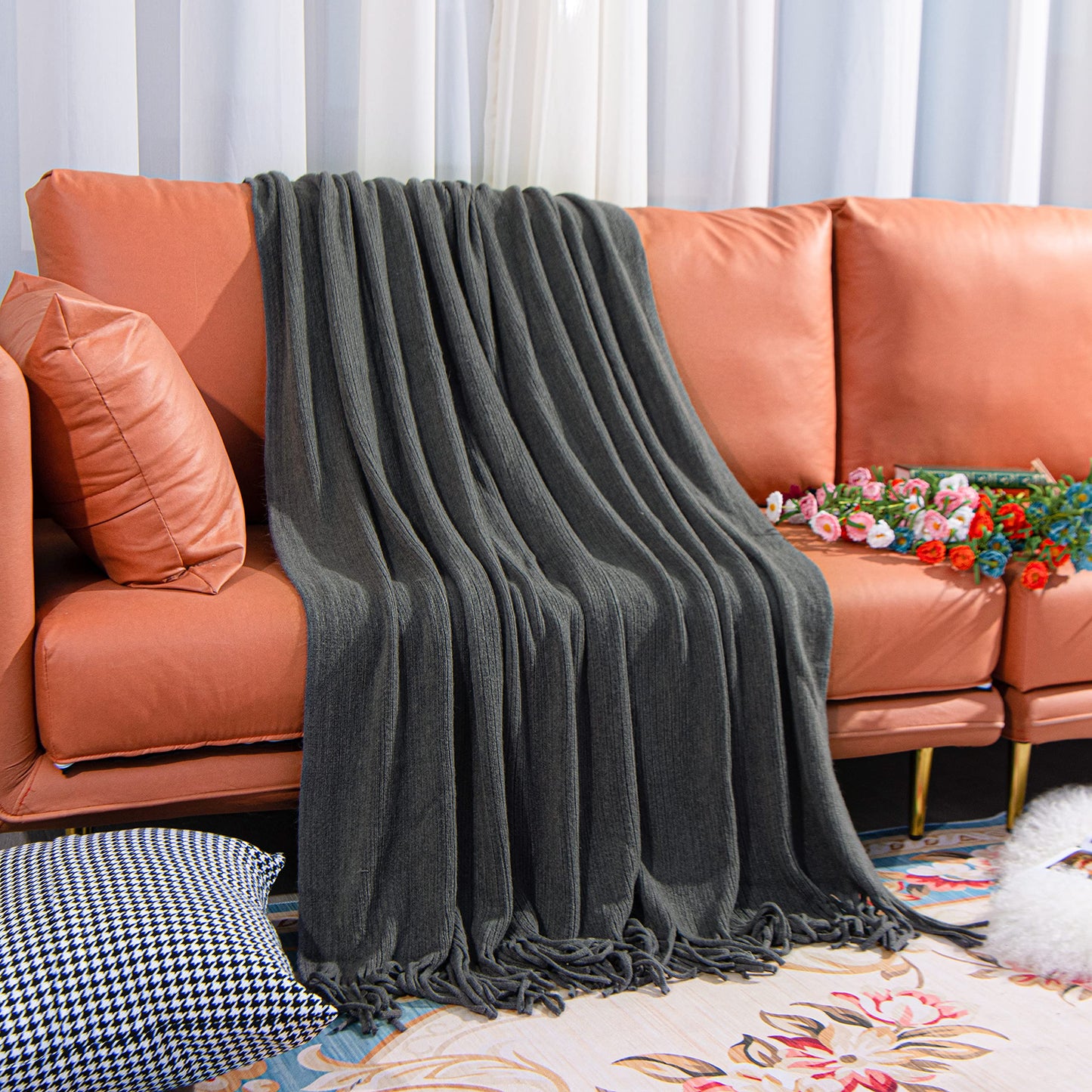 NTBAY Acrylic Knitted Throw Blanket, Lightweight and Soft Cozy Decorative Woven Blanket with Tassels for Travel, Couch, Bed, Sofa, 51x67 Inches, Grey Striped