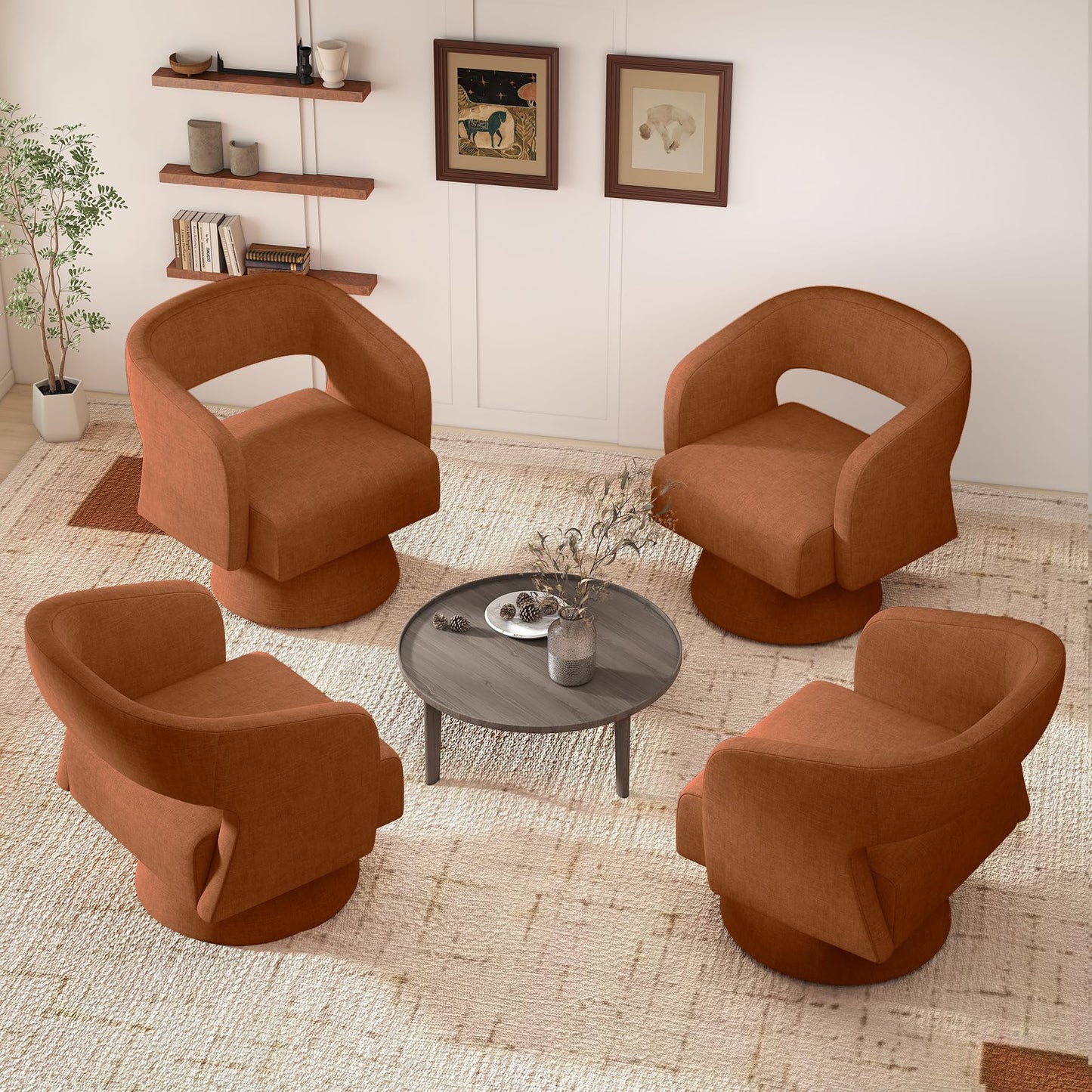 Nebuaegis Swivel Accent Chair Set of 2, Modern Comfy Chenille Barrel Chairs, Oversized Upholstered Round Arm Chair for Living Room, Bedroom, Reading Room, Caramel