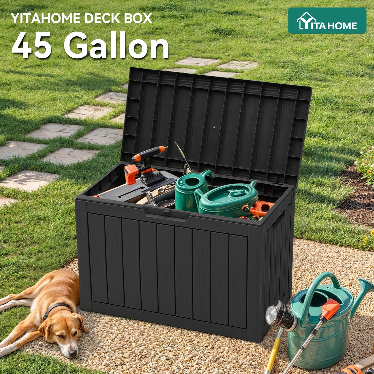 YITAHOME Outdoor Storage Box, 45 Gallon Waterproof Resin Deck Box, Lockable Organizer for Patio, Poolside, Deck, Cushions, Throw Pillows, Garden Tools, Black