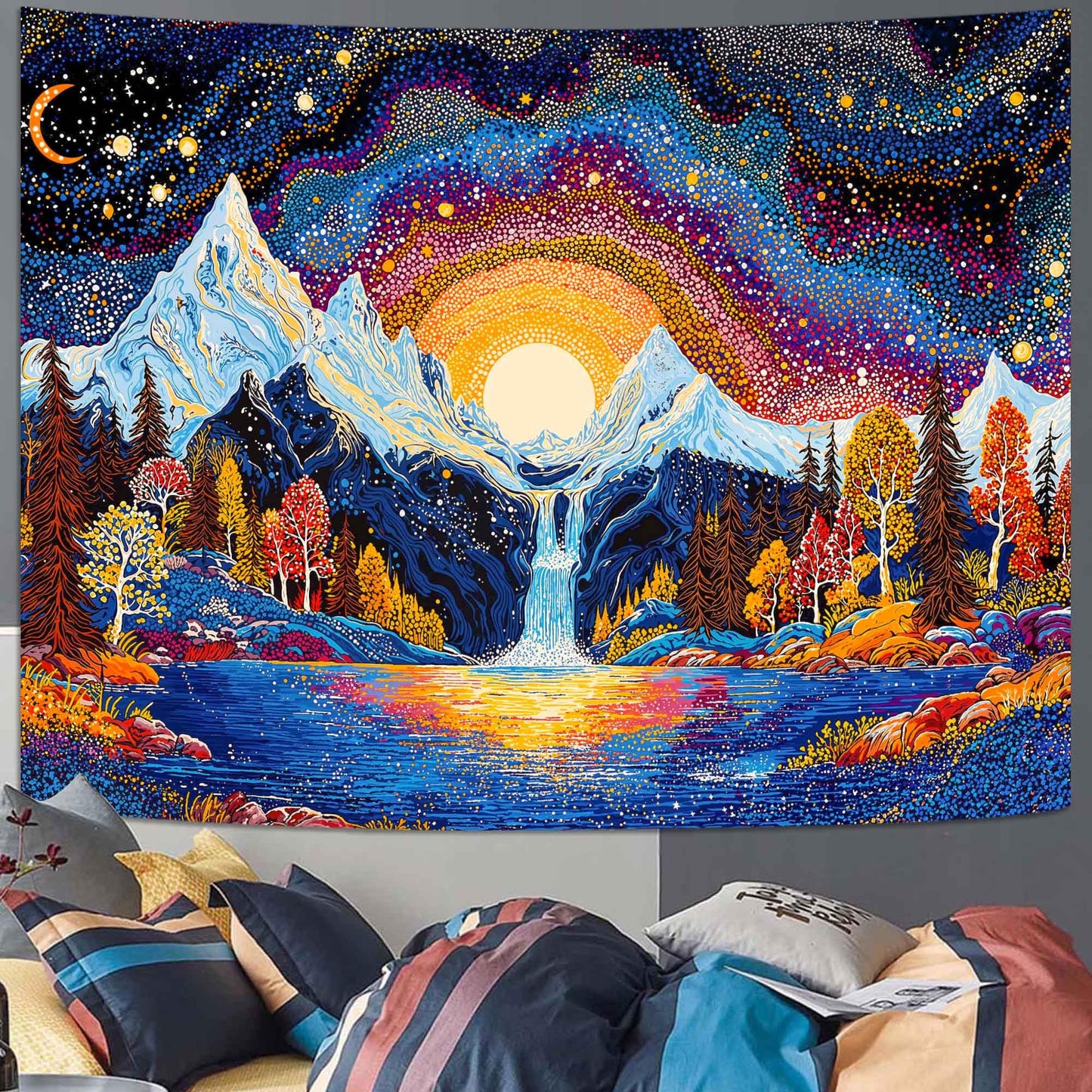 Lunerfex Starry Mountain Waterfall Sunrise Wall Tapestry, Trippy Cosmic Landscape Tapestries for Room Decor, Vibrant Tapestry 60x44 Inch