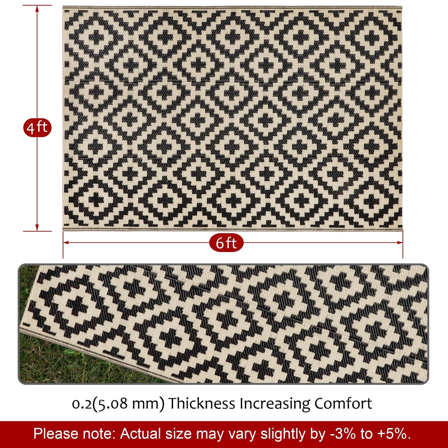 SAND MINE Reversible Mats, Plastic Straw Rug, Modern Area Rug, Large Floor Mat and Rug for Outdoors, RV, Patio, Deck, Beach, Camping (Black & Beige Lattice, 4' x 6', -3% to 5% Size Variance)