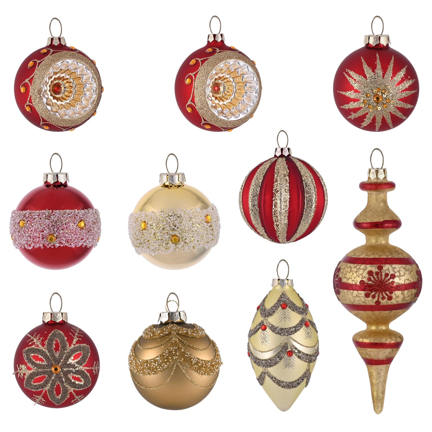 Valery Madelyn Glass Christmas Ornaments Set, 10ct Red Gold Mercury Blown Large Glass Christmas Tree Ball Decorations, Luxury Hanging Teardrop Finial Faceted Reflector Decor