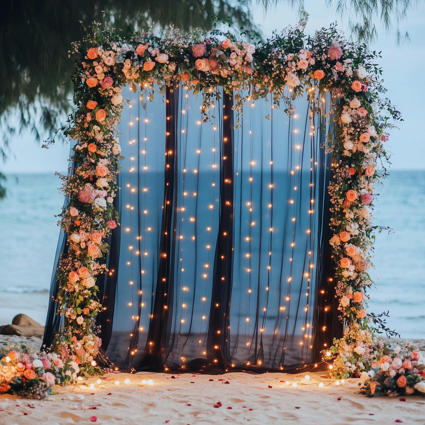 Xiomot Tulle Backdrop Curtain with Lights String 10FT X 8FT Black Sheer Tulle Backdrop Curtains for Wedding Birthday Party Reception Photo Booth Background Decorations (2 Panels 5x8FT)