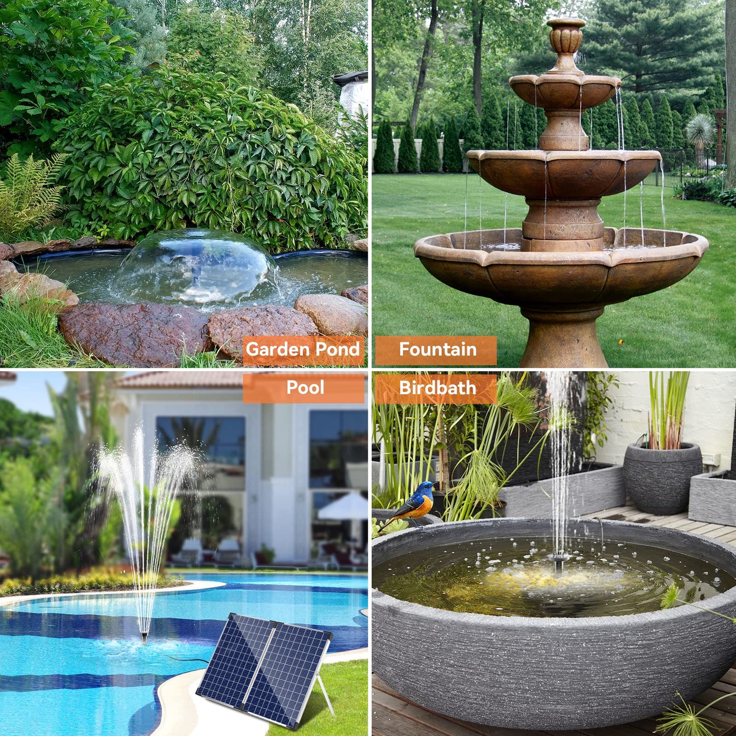 POPOSOAP Solar Fountain Pump 35 Watt, 480GPH Solar Water Pond Pump with PVC Tubing 4 Spray Heads 16.5ft Cable Length for Garden Pond Fountain Waterfall Hydroponics Pool