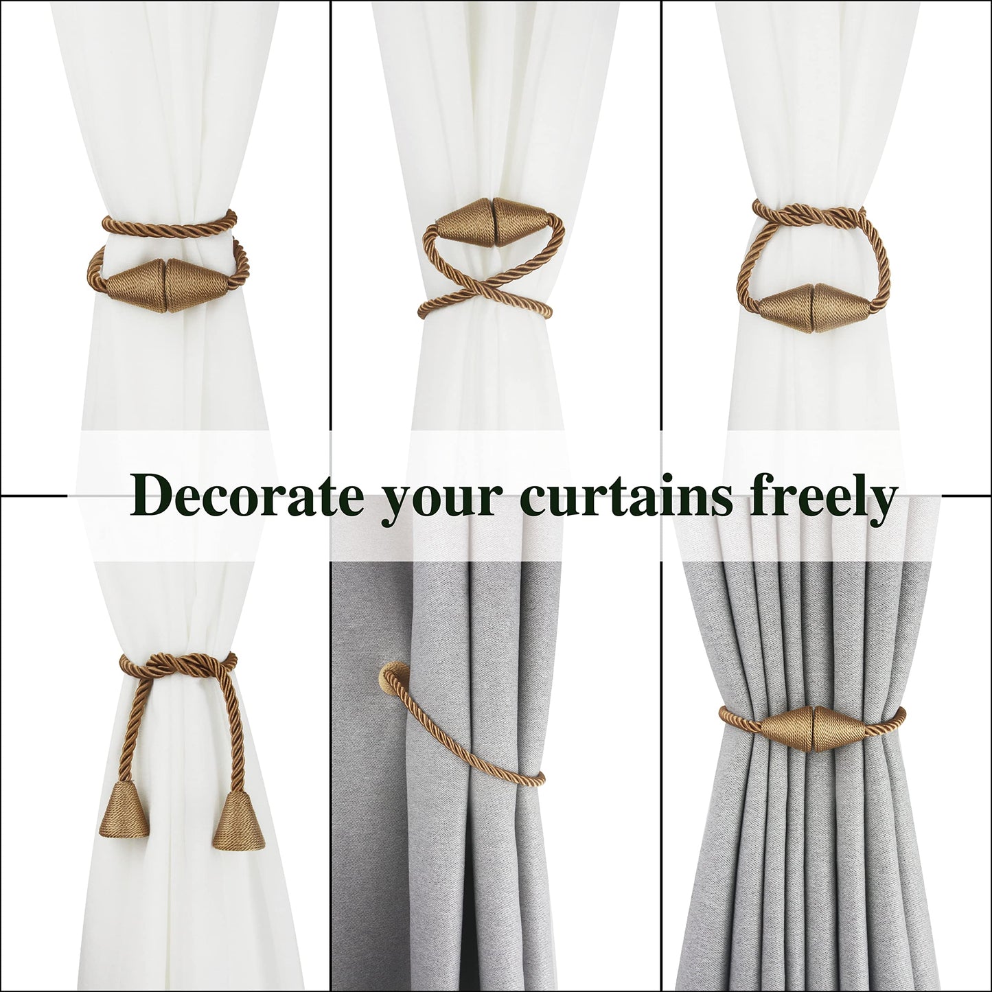 Nieffeiy 2 Pack Magnetic Curtain Tiebacks Rope Modern Handmade Curtain Tie Backs Decorative Drapes Weave Holdbacks for Window Décor, Khaki