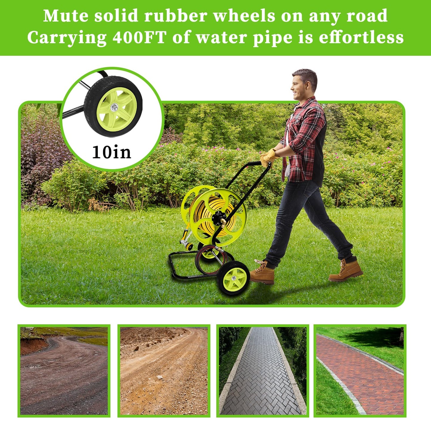 Stainless Steel Garden Hose Reel Cart - Heavy Duty, 10" Rubber Wheels, Holds 400 Feet of 5/8" Hose, For Yard/Lawn (With 5 FT Hose included)