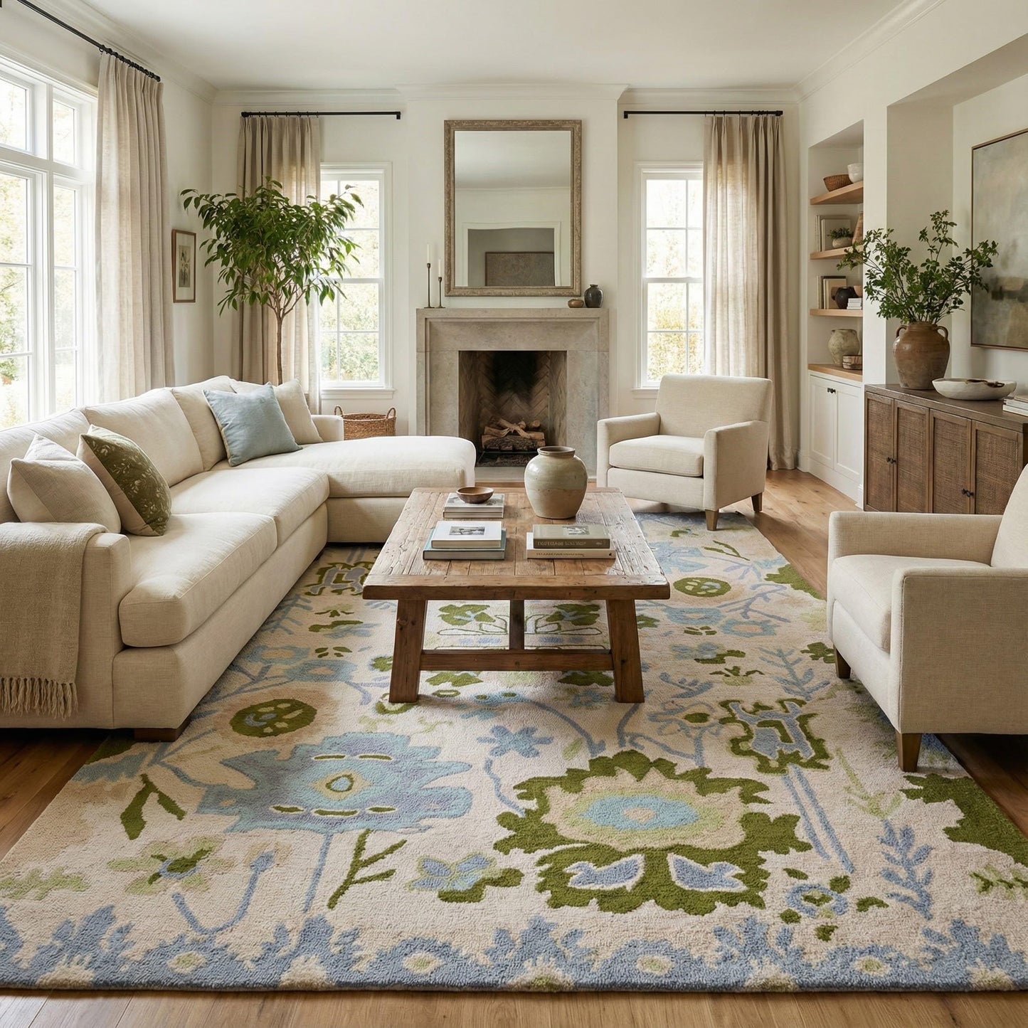 Handmade Oushak Wool Area Rug | Floral and Botanical Patterns in Soft Blue and Green | Luxurious Thick Pile for Living Room, Bedroom & Dining Room Decor (Blue & Green, 5' x 7')