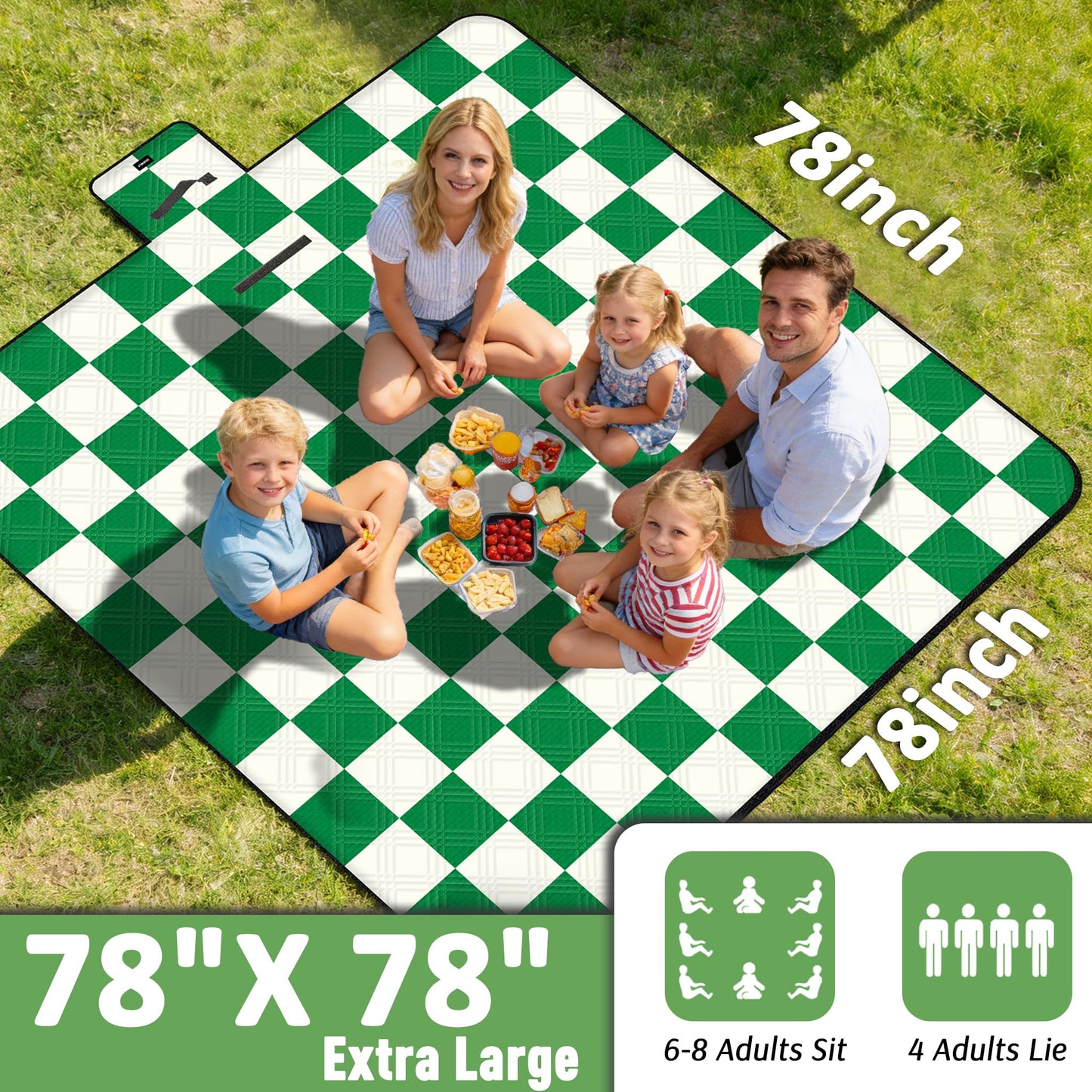 Doonly Picnic Blanket, 78" x 78" Large Waterproof Sandproof Beach Blanket, Foldable Outdoor Blanket Gingham Picnic Mat for Beach, Camping, Park, Grass, Lawn, Travel (Green)