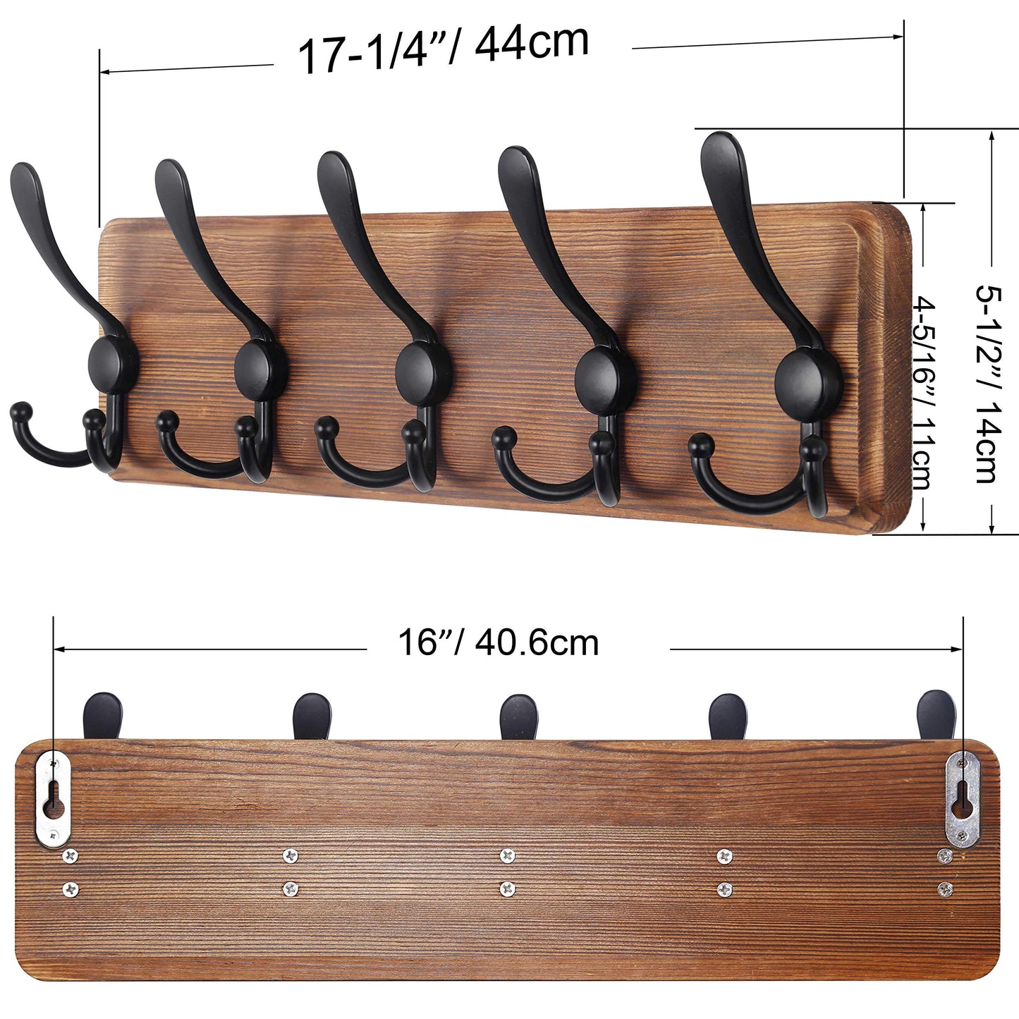 SKOLOO Rustic Wall Mounted Coat Rack: 16" Stud Spacing, Pine Real Wood Plank Wall Coat Rack with 5 Triple Hooks, Farmhouse Coat Hanger Wall Mount for Hanging Backpack Jacket Coat Hat