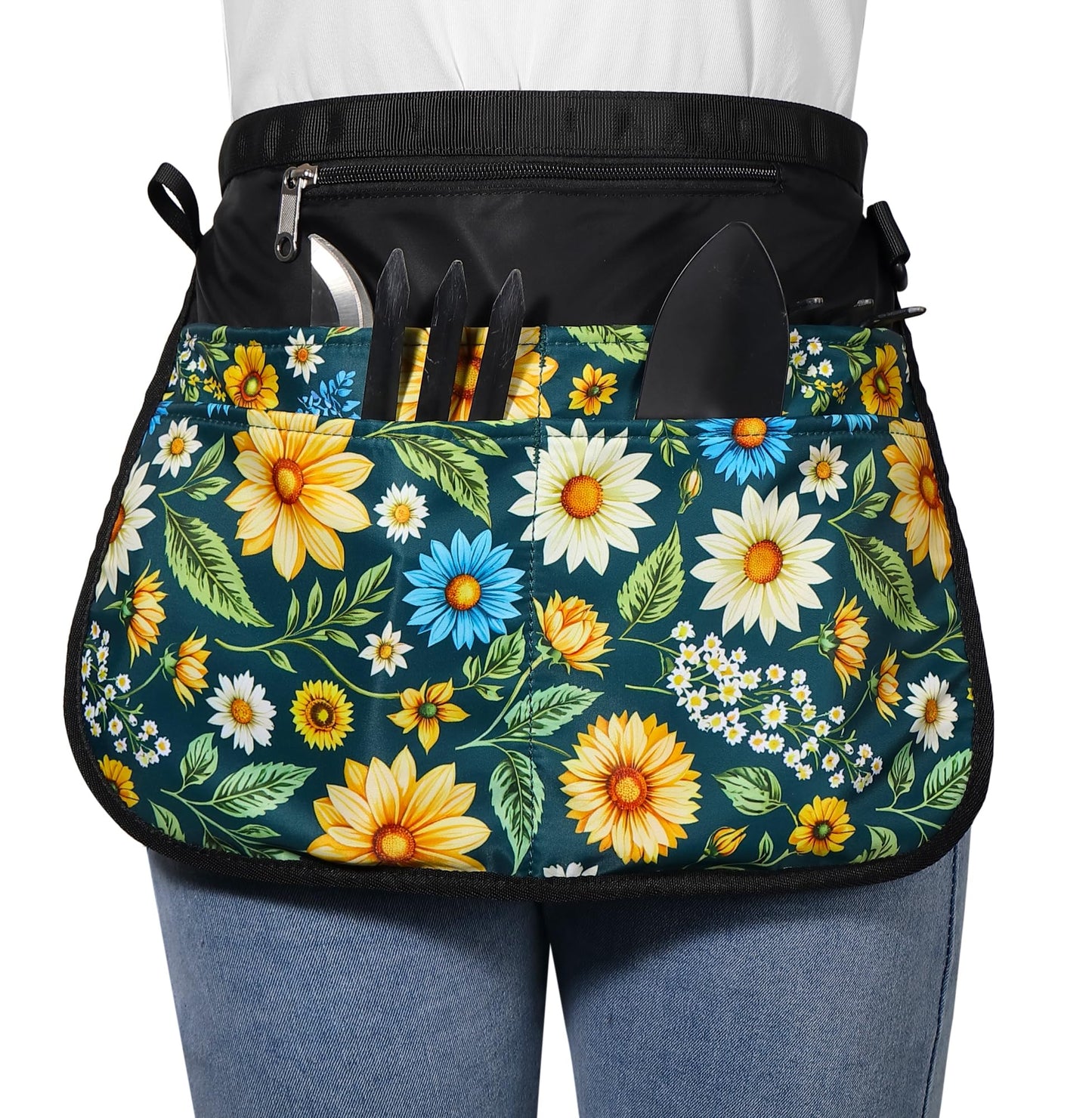 Bafelia Garden Apron for Women with 5 Pocket,Half Florist Apron Harvesting (Green Flowers)