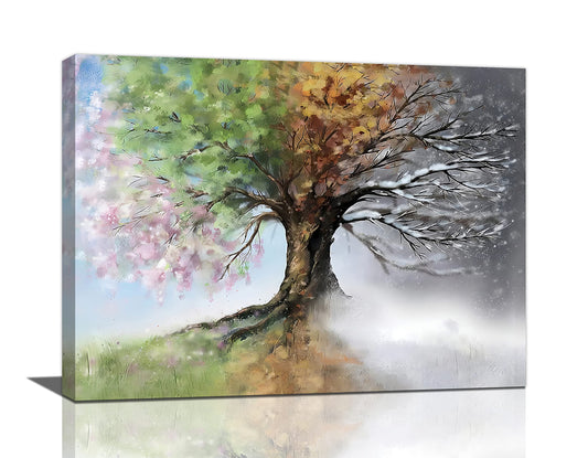yerretin Tree of Life Wall Art Colorful Country Trees Pictures Wall Decor Rustic Four Season Canvas Painting Modern Artwork Home Decorations for Bathroom Living Room Bedroom Office Framed 16"x12"