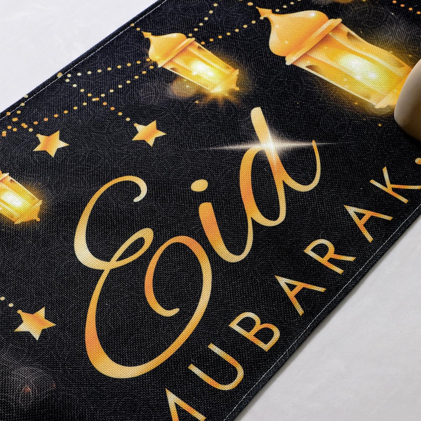 Fengrise Eid Mubarak Table Runner - Black Gold Ramadan Kareem Decorations for Home 2026, Star Moon and Lantern Pattern, Eid Al-Fitr Table Cloth,Islamic Decorations Supplies for Kitchen Indoor (13x72)