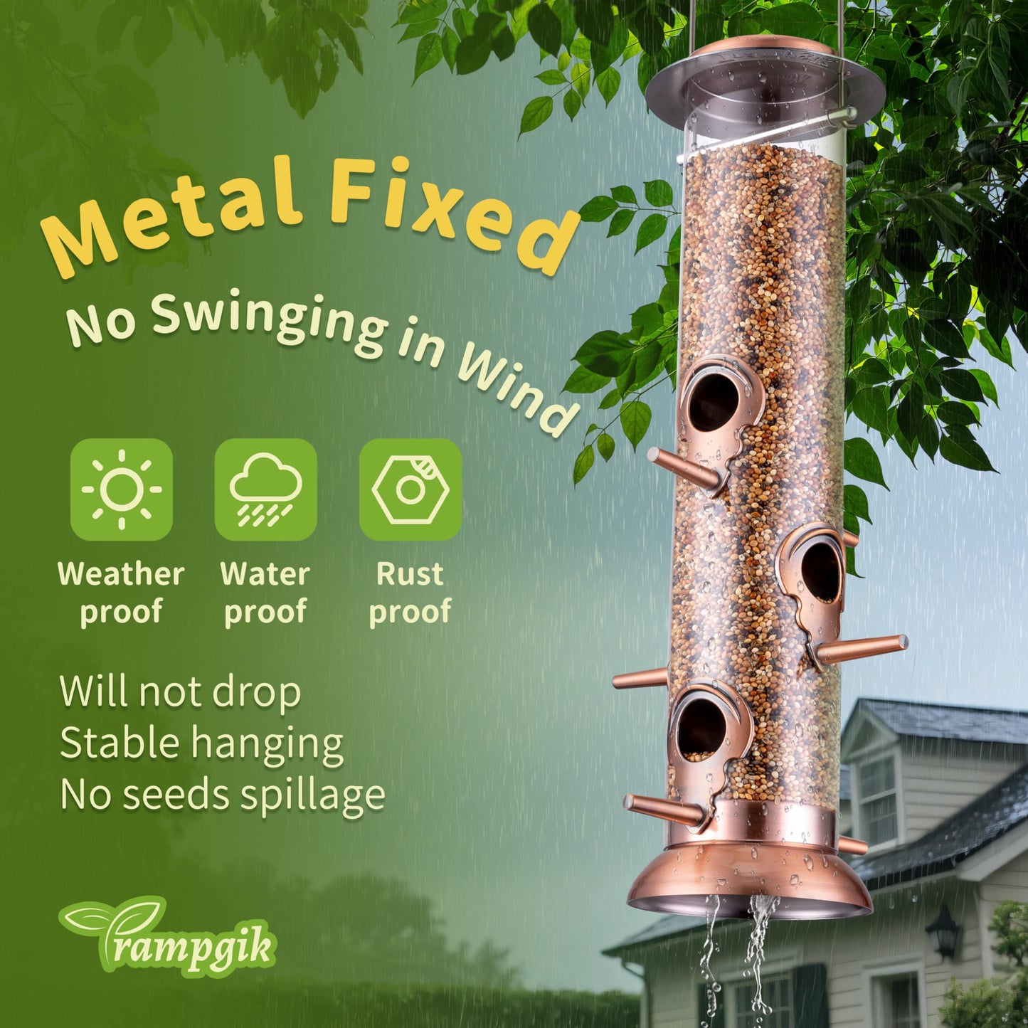 TrampgiK Bird Feeders for Outdoors,13 Inch 6 Ports Squirrel Proof Bird Feefers,Finch Feeder for Outside,Chew-Proof Metal Hanging Bird Feeder,Rust-Proof,Easy to Refill & Clean,Copper,Pack of 1