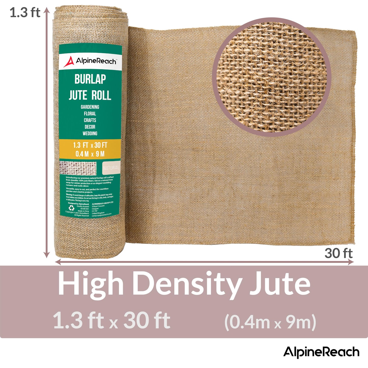 AlpineReach Burlap Fabric Roll 1.3ft x 30ft - Multipurpose Natural Jute for Tree & Plant Frost Protection, Wedding Runner Decorations, Home Center Pieces, Rustic Fiber Party Décor, Gardening
