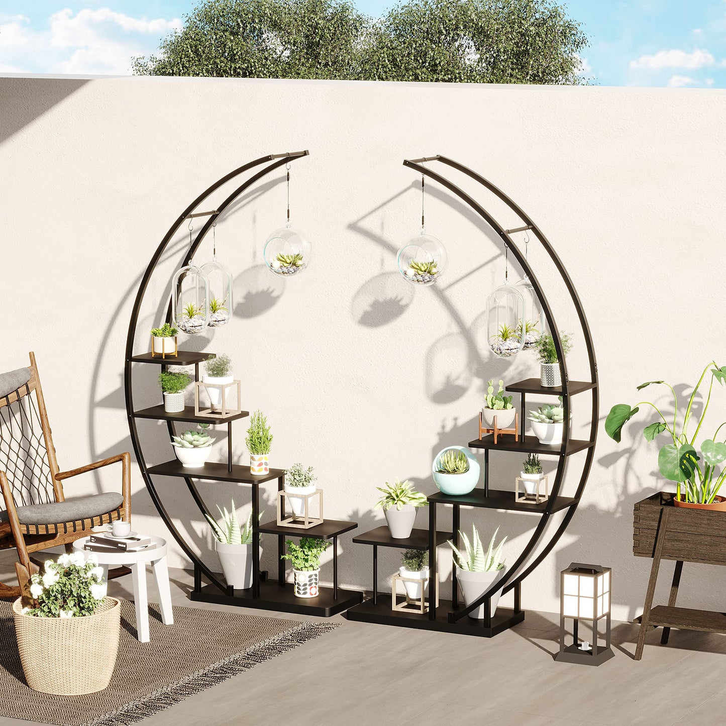 5 Tier Metal Plant Stand Indoor, 67.25“ Tall Half Moon Shape Multiple Stand Holder Shelf Planter Display, Hanging Shelf Flower Stand Ladder for Patio Garden Living Room, Black Set of 2
