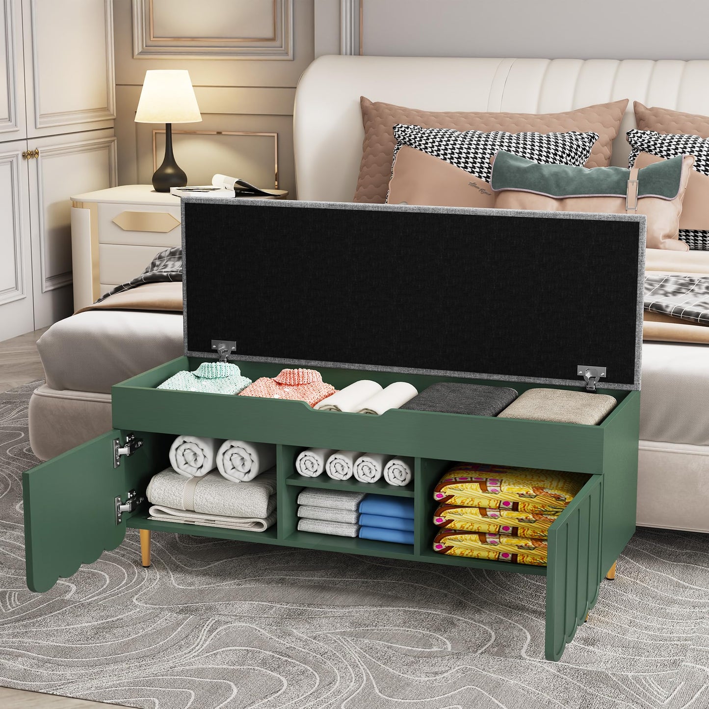 3More 40" Entryway Shoe Storage Bench,Upholstered Hidden Space Beneath Seat Cushion Bench,2-Tier Unique Geometric Shape with Wood Grain,Green