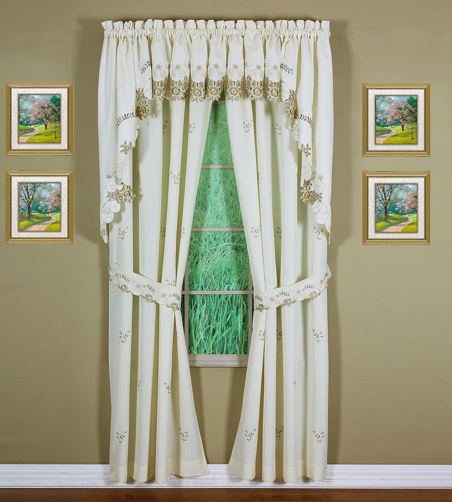 Today's Curtain Verona Reverse Embroidery Panel Pair and Tiebacks, 63", Ecru/Antique, 80" W X 63" L