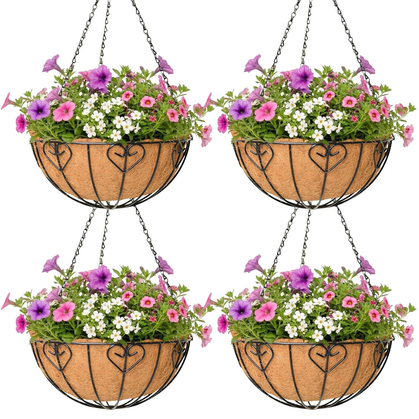 4 Pack Hanging Planter for Outdoor Plants 14 inch Metal Hanging Flower Basket with Coco Coir Liner Round Wire Plant Holder Chain Flower Pots Outdoor Garden Decoration Watering Hanging Baskets（AX）