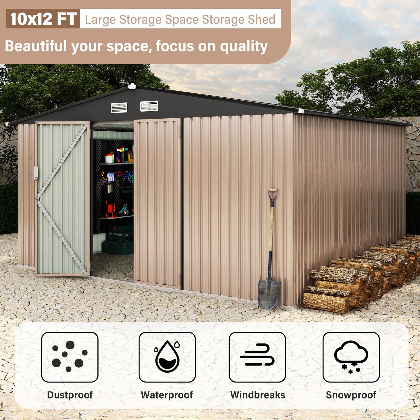 12X10 ft Outdoor Metal Storage Building, Storage Shed with Secure Lockable Door & Air Ventilation System, Premium Metal Tool Shed for Garden, Backyard, Patio, Ideal for Lawn Equipment & Tools