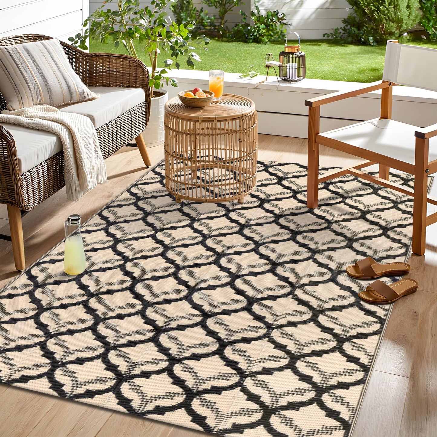 OLANLY Reversible Outdoor Rug 5x8 ft Clearance, Waterproof Outdoor Plastic Straw Rug with Interlacing Pattern, RV Mat for Patio, Camping, Balcony, Deck, Backyard, Black & Beige