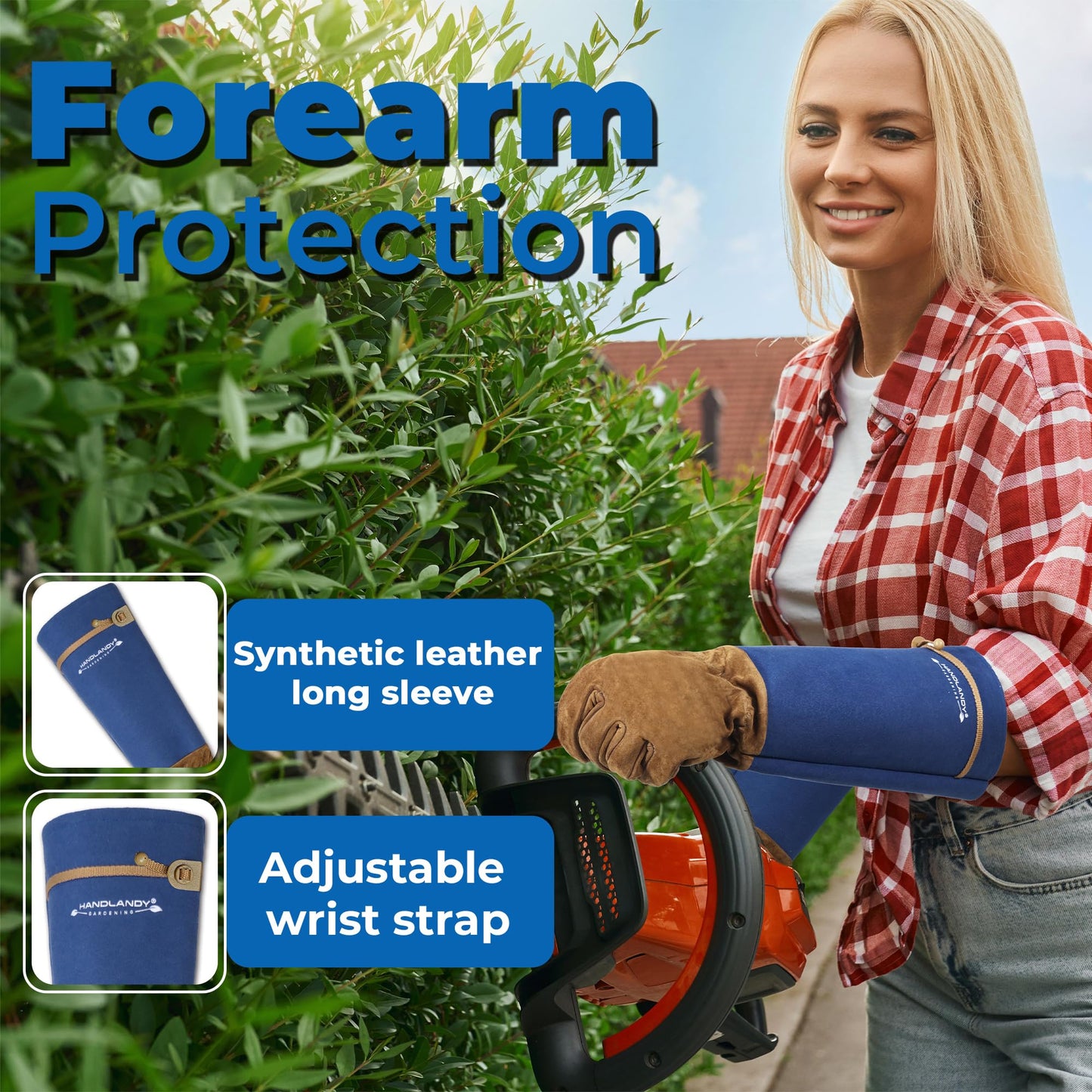 HANDLANDY Long Gardening Gloves for Men & Women, Pigskin Leather Rose Pruning Gloves, Breathable Thorn Proof Gauntlet Glove (Blue, M)