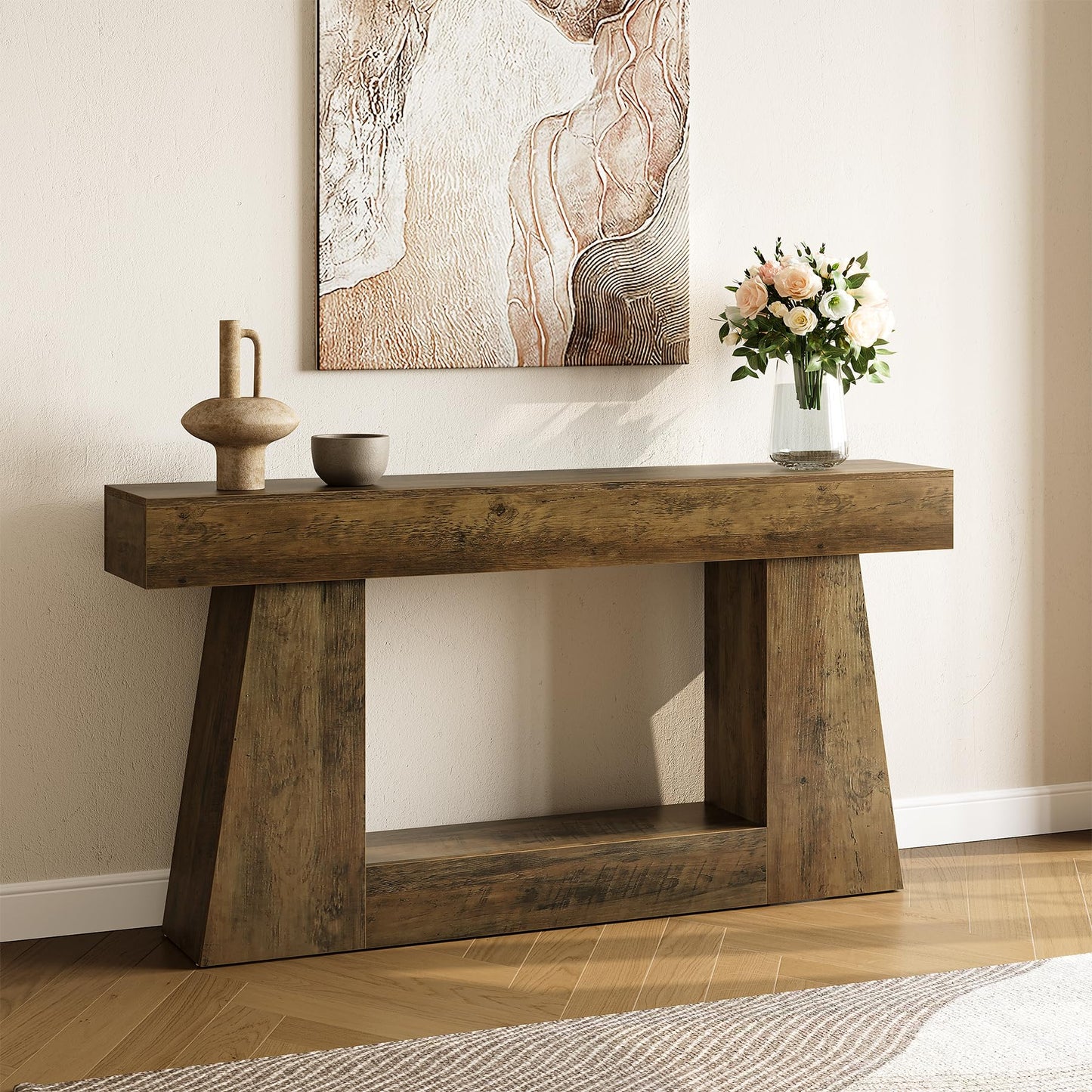 LITTLE TREE 63" Farmhouse Console Table with Storage, Rustic Sofa Table for Entryway, Narrow Long Sofa Table Behind Couch, Console Table for Living Room, Hallway—Versatile Storage Solution, Oak