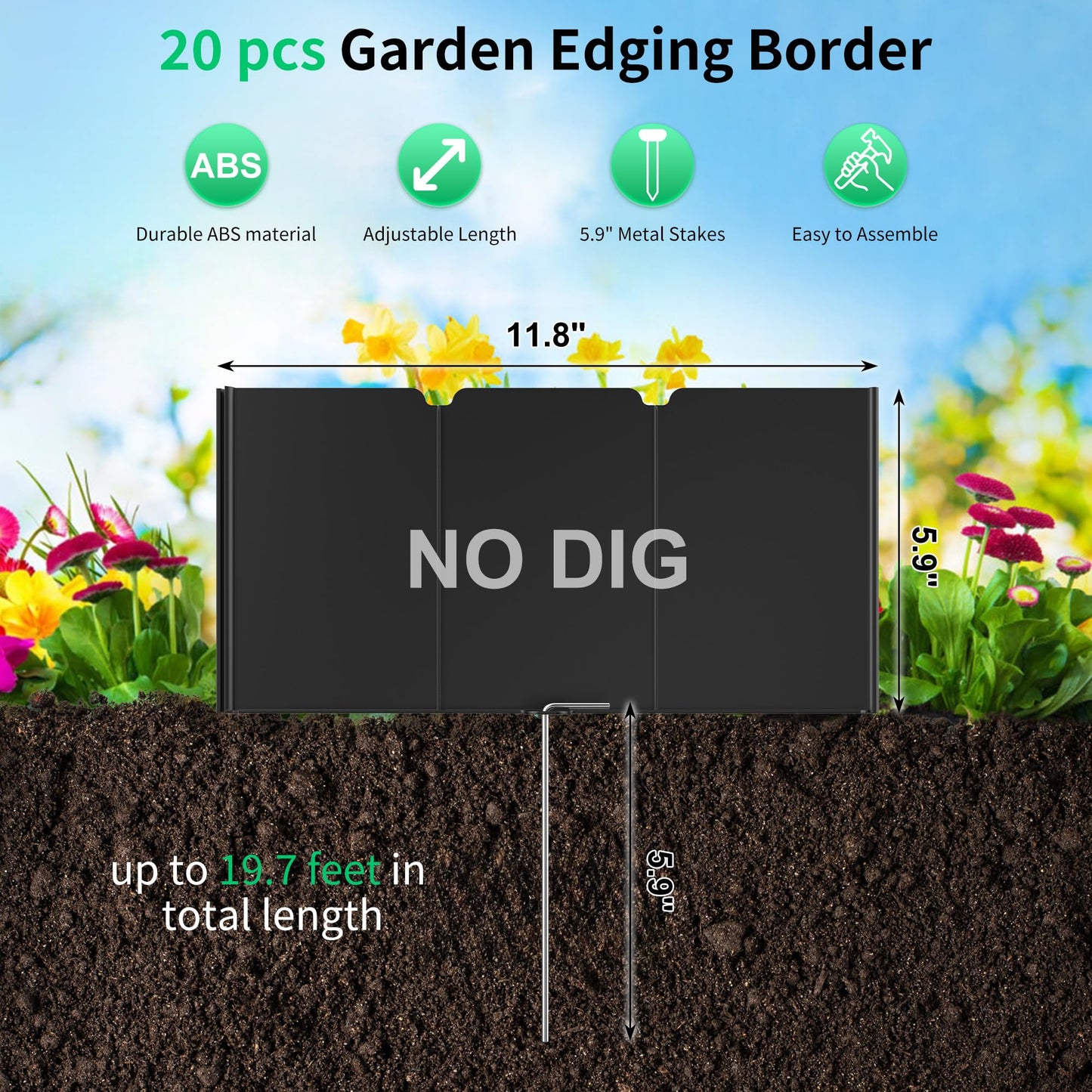 20 Pcs Garden Landscape Edging Border Kits 5.9inch Tall, 19.7ft Flexible Garden Fence Edging with 20 Metal Anchoring Stakes, No Dig Plastic Garden Decorative Border for Flower Bed Lawn Driveway Yard