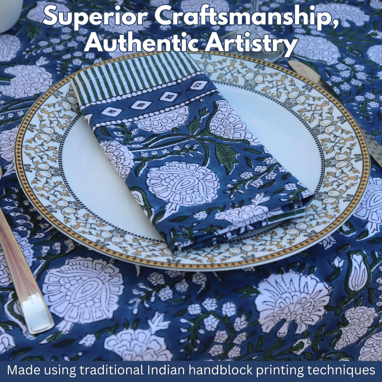 HANDICRAFT HANDLOOM Handblock Print Cotton Tablecloth – 90 Round Table Cover Seats 6–8 – Indian Block Printed Floral Dining Table Linen – Boho Washable Cloth for Kitchen, Party, Outdoor (Dark Blue)
