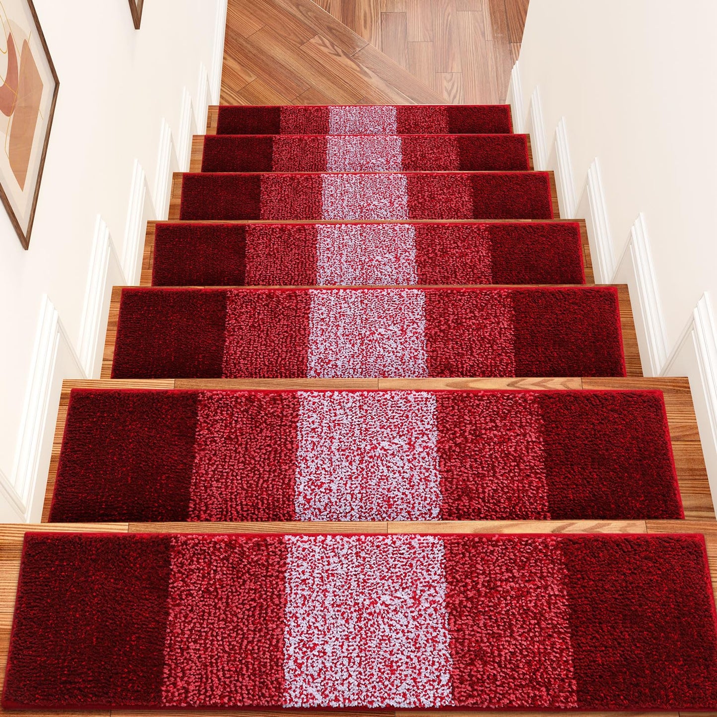 OLANLY Stair Treads Non Slip 15PCS, 8" x 30" Indoor Stair Runners for Wooden Steps, Edging Stair Rugs with Reusable Peel and Stick Adhesive for Kids Elders and Pets, Burgundy