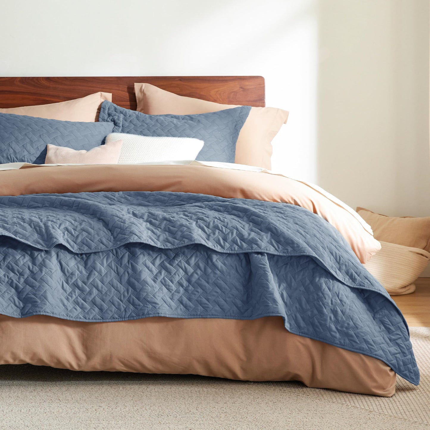 Bedsure Quilts Queen Size - Lightweight Bedspreads Queen Size with Basket Weave Pattern, Soft Quilt Bedding Set, Mineral Blue Comforter Set Coverlet for All Seasons with 2 Pillow Shams (90" x 96")