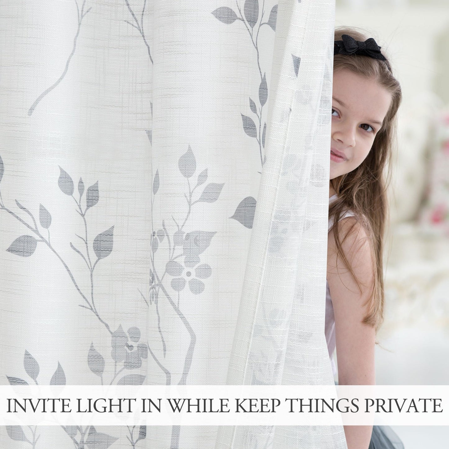 Beauoop Floral Linen Semi Sheer Curtains 84 Inches Long 2 Panels for Living Room Bedroom Grey Farmhouse Flower Patterned Light Filtering Textured Grommet Top Window Treatments Drapes, 50x84 2 Set