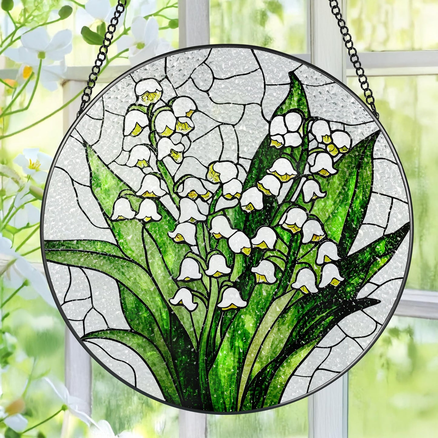 Lily of The Valley Flower Stained Glass Suncatcher, Stained Glass Window Hanging, 8 Inch Green Plants Suncatcher Decor, Gifts for Mother's Day, Mom Gift, Grandma Gift, Gifts Idea