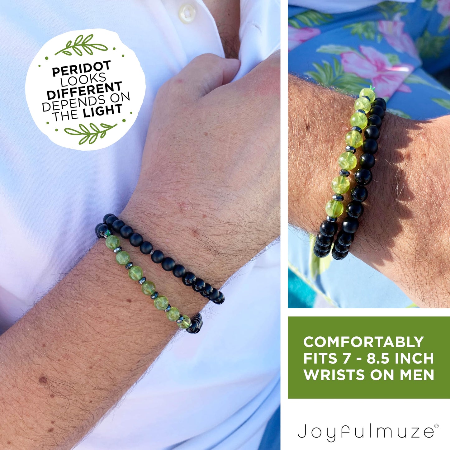 Joyfulmuze Men Gemstones Stretch Bracelet, Peridot Hematite Black Tourmaline, Handmade Spiritual Jewelry for Men, Natural Black Green Gems, Healing Chakra Bracelet, Fits 7-8.5" (peridot tourmaline)