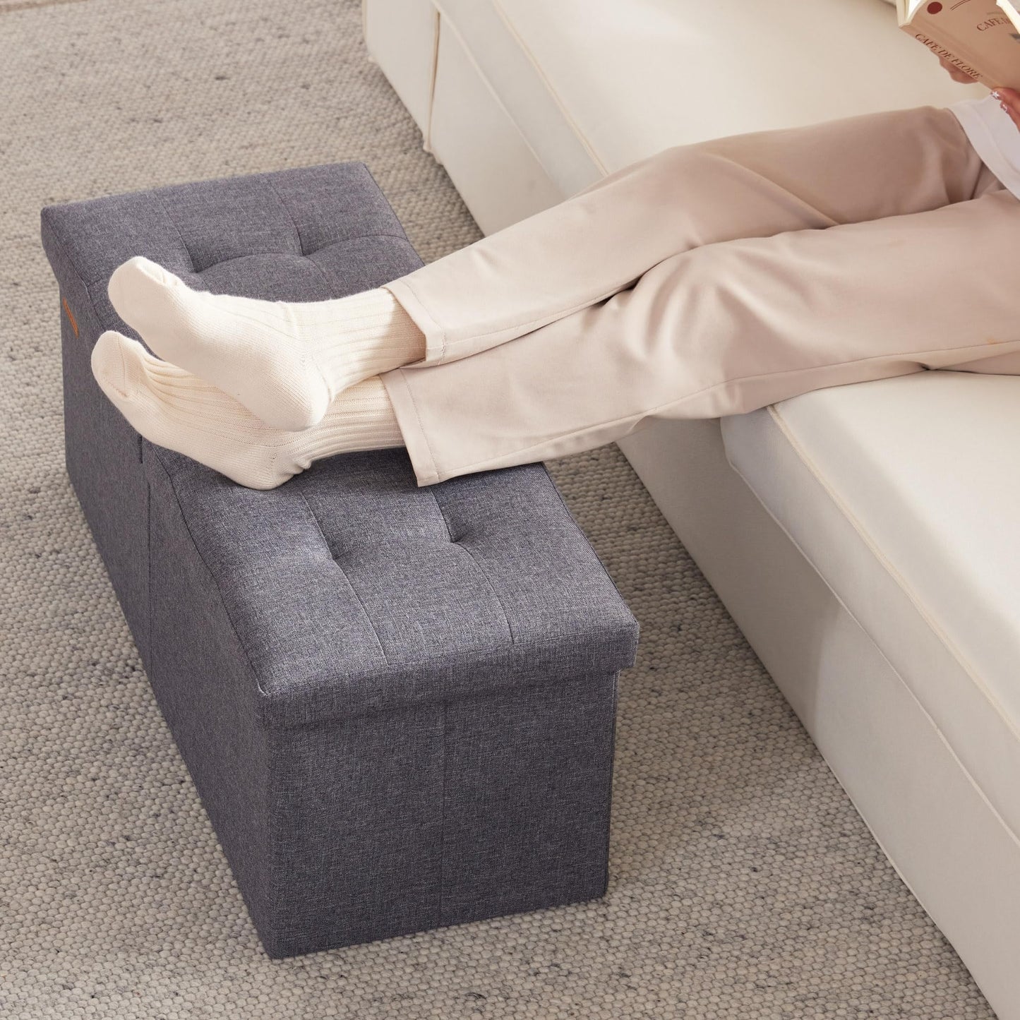 HAUSFRAU 31.5 Inches Ottoman with Storage, Folding Ottoman Bench Small Foot Rest Stool, Bedroom Bench with Flipping Lid, Linen Grey