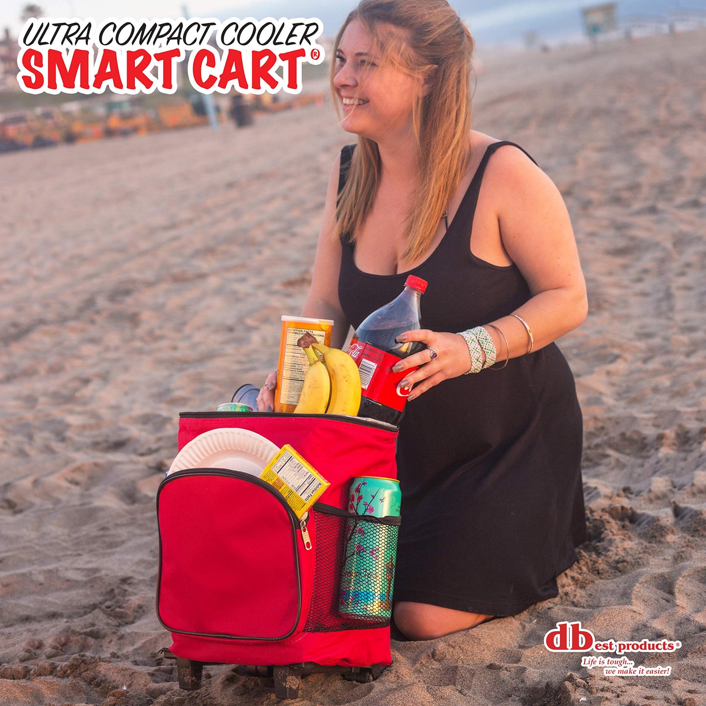 dbest products Ultra Compact Cooler Smart Cart, Red Insulated Collapsible Rolling Tailgate BBQ Beach Summer