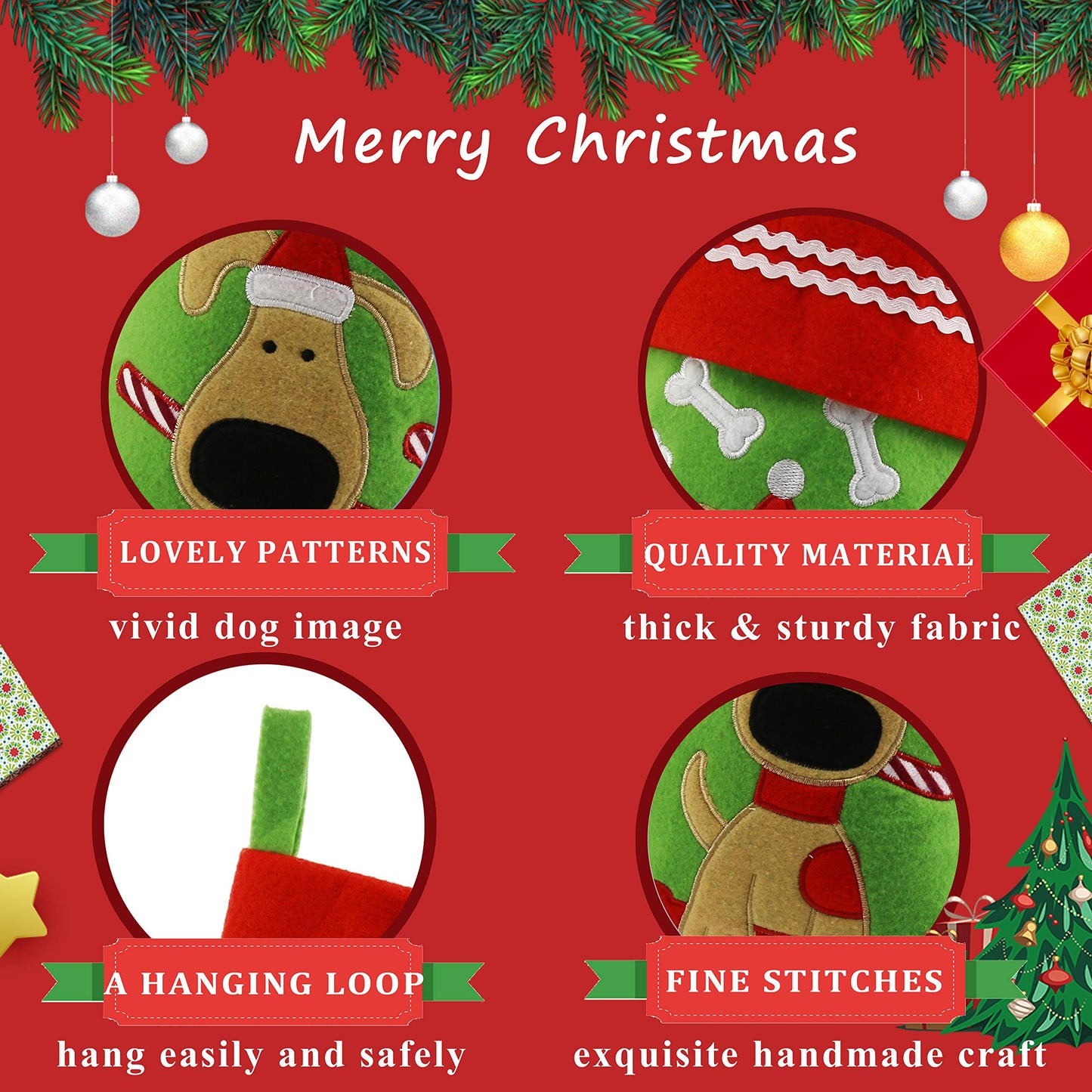 WEWILL Lovely Embroidered Dog Christmas Puppy Stockings Ideal Xmas Holiday Party Gifts for Puppies Pet 16-Inch Long