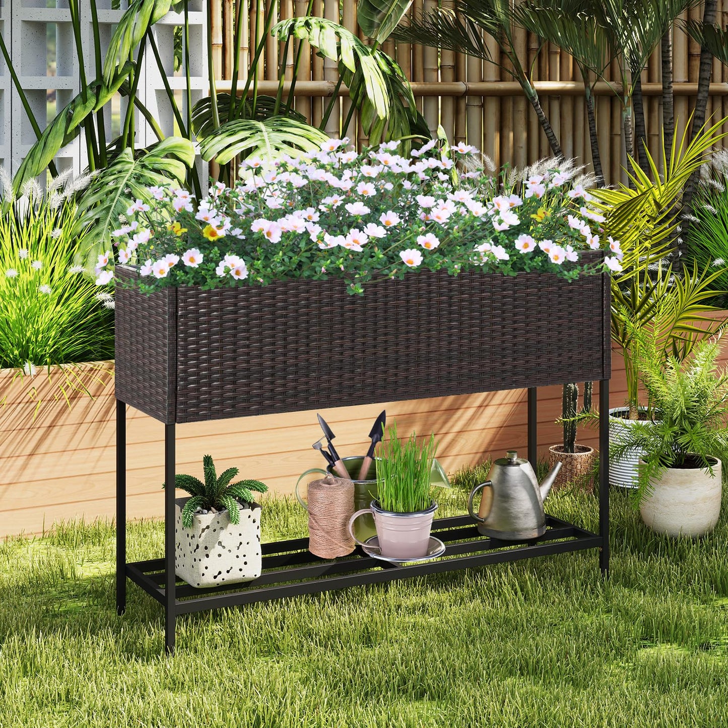 HAPPYGRILL Raised Garden Bed, Rattan Planter Raised Bed with Legs, Bottom Storage Shelf, Removable Liner, Drainage System, Wicker Elevated Planter Box w/Legs for Vegetables Flowers (40” x 12” x 28”)