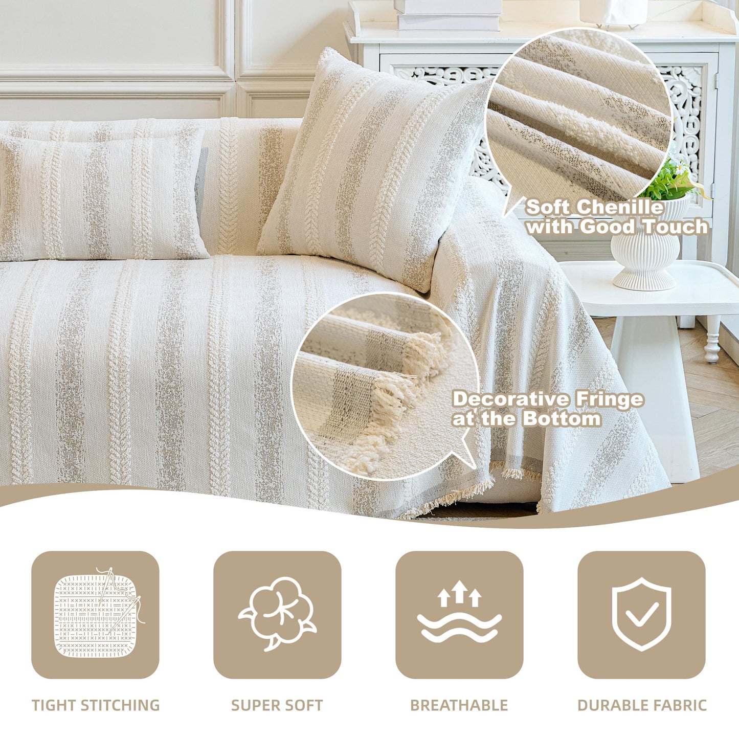 Fuyulacom Couch Cover for Dogs Washable Sofa Cover, Sectional Couch Covers, Sofa Covers for 2 Cushion Couch, Non Slip Stripe Sofa Slipcovers Furniture Protector (Beige, 71x102)