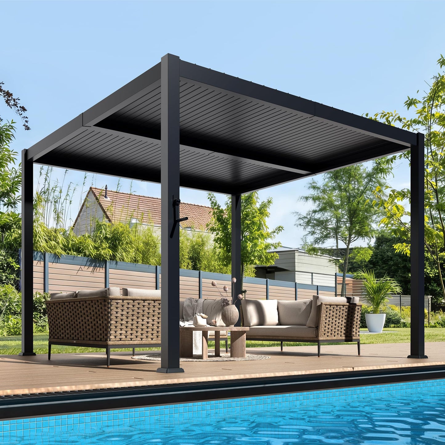 10' x 10' Outdoor Aluminum Louvered Pergola with Adjustable Roof, Upgraded Side Short-Rod Control, Easy Assembly, Modern Hardtop Gazebo for Patio, Deck, Backyard, Garden