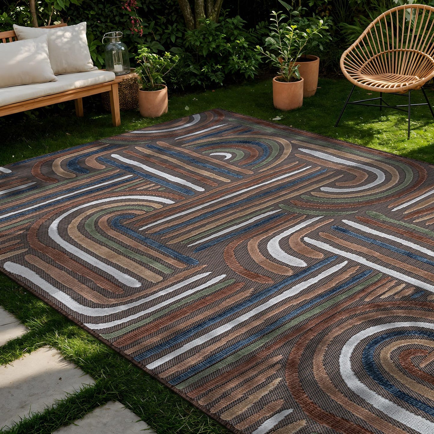 CAMILSON Indoor Outdoor Rug, Brown 9x12 Geometric Arch Striped Large Area Rugs for Patio and Home Areas, Easy-Cleaning Non-Shedding Living Room, Garden and Deck Washable Outside Carpet (9 x 12)