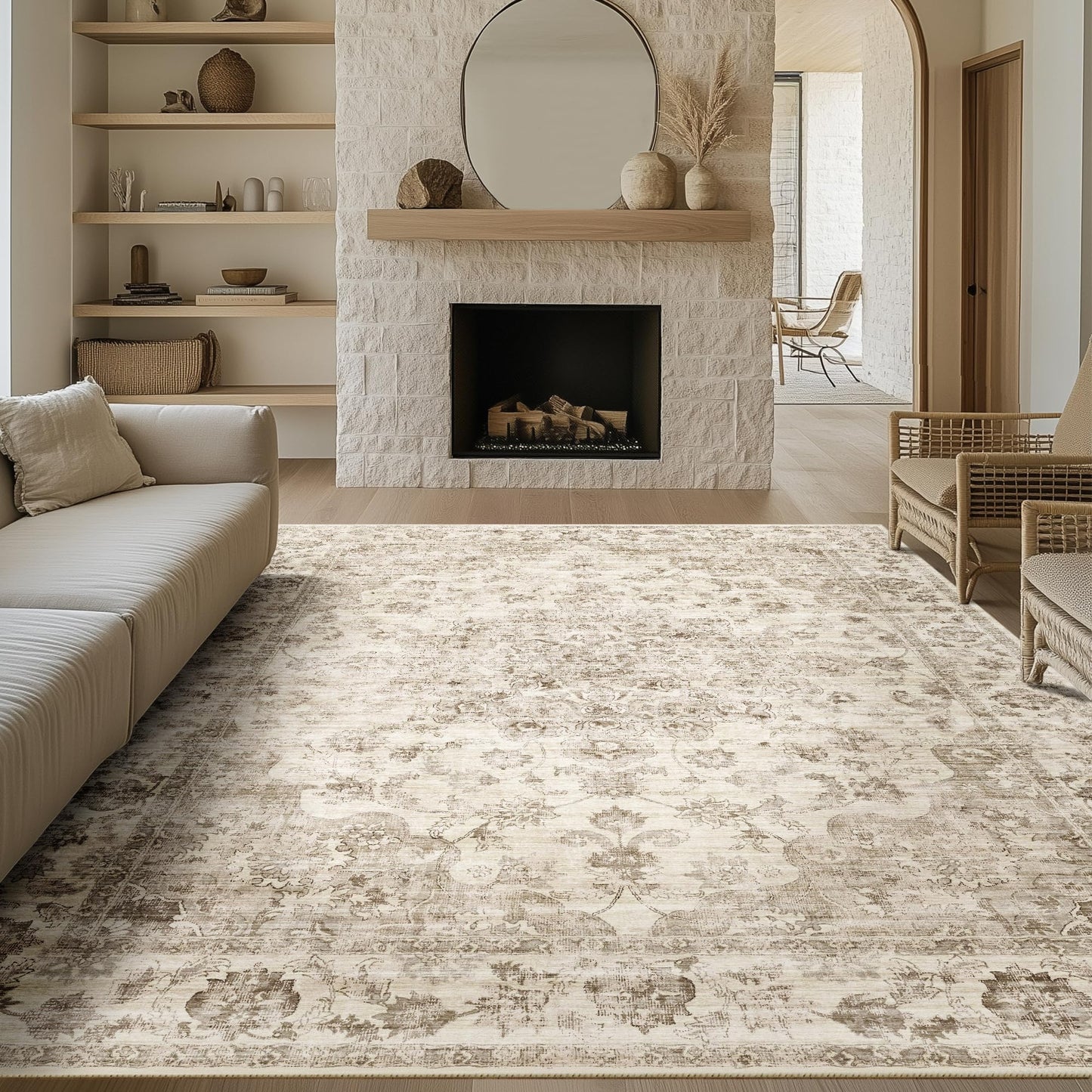 WondRg 8x10 Washable Neutral Area Rug Beige Vintage Living Room Bedroom Carpet Non-Slip Soft Low Pile Farmhouse Indoor Large Throw Rug for Dining Room Office