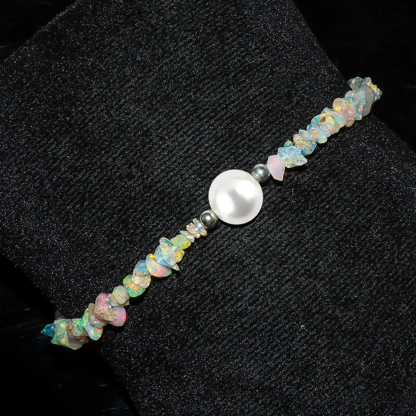Crystals for Calm - Natural Ethiopian Opal Beads Slider Bracelet with Elegant Pearl, High Grade Nuggets Crystal, Chakra Healing Gemstone, Gift Giving Women Jewelry, Silver Plated Slider 10 inch