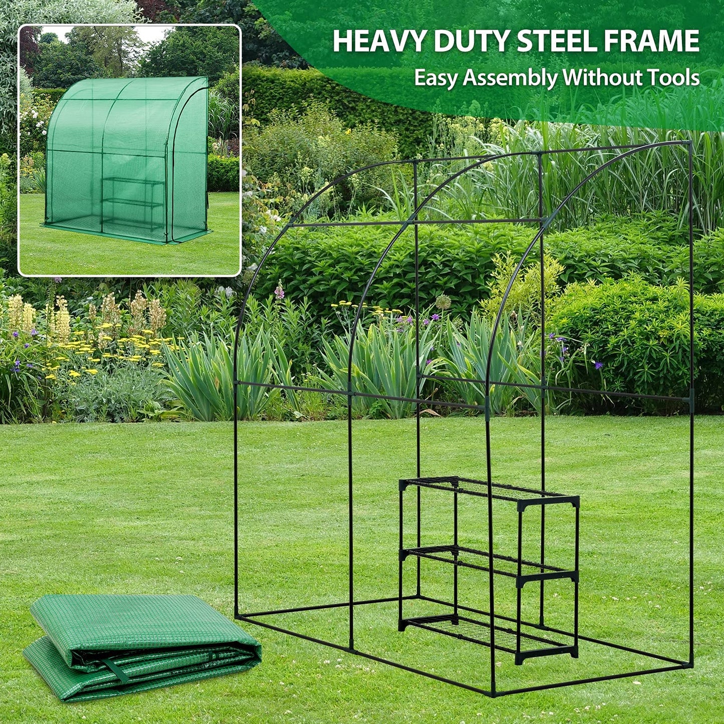 EAGLE PEAK 3 Tier Lean to Portable Greenhouse, Heavy-Duty Indoor & Outdoor Garden with Wire Shelves, 2 Roll-Up Zipper Doors, Easy Assembly, 79"x39"x83" Clear/Green PE Cover